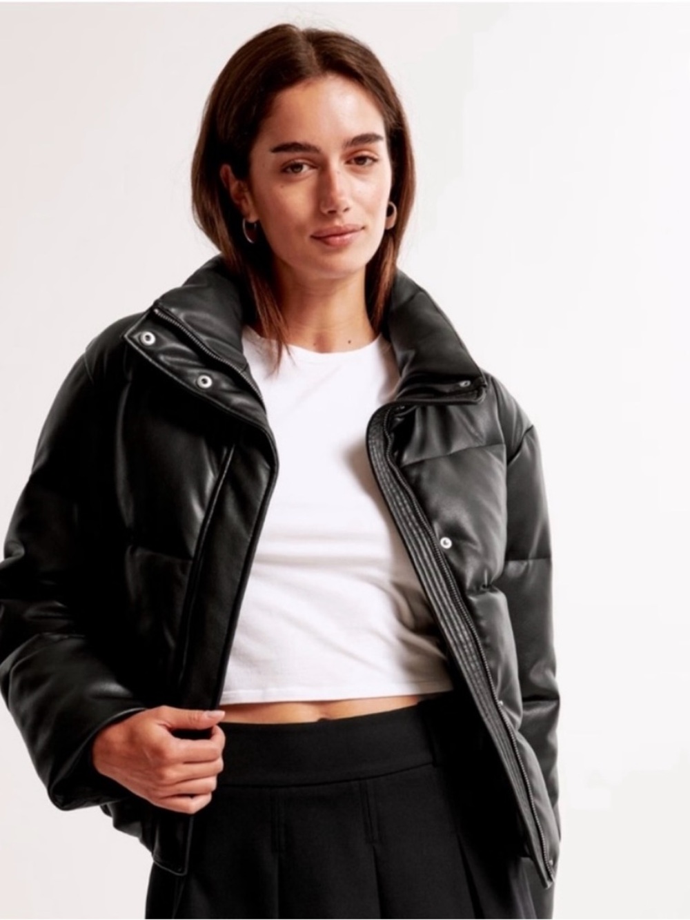 NWT Sz XXS Abercrombie & Fitch Black Faux Leather Puffer Jacket